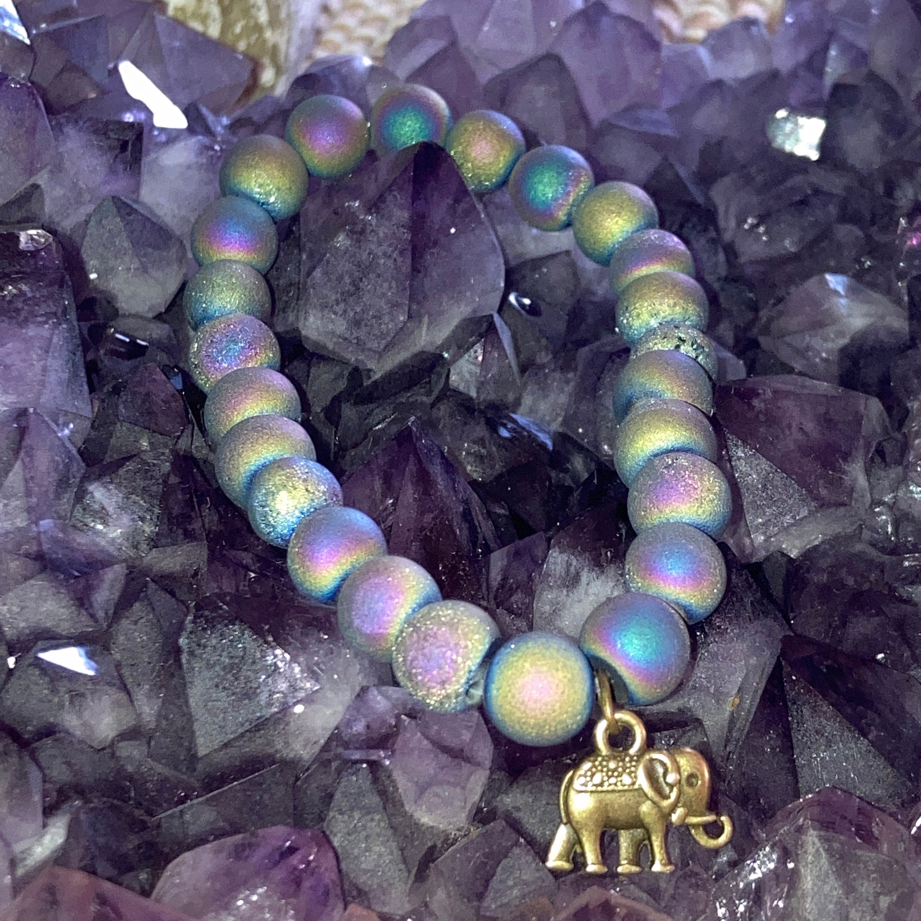 Rainbow Titanium | Aura Druzy Quartz | Natural Stone Bracelet | Bronze Elephant Charm | 8mm