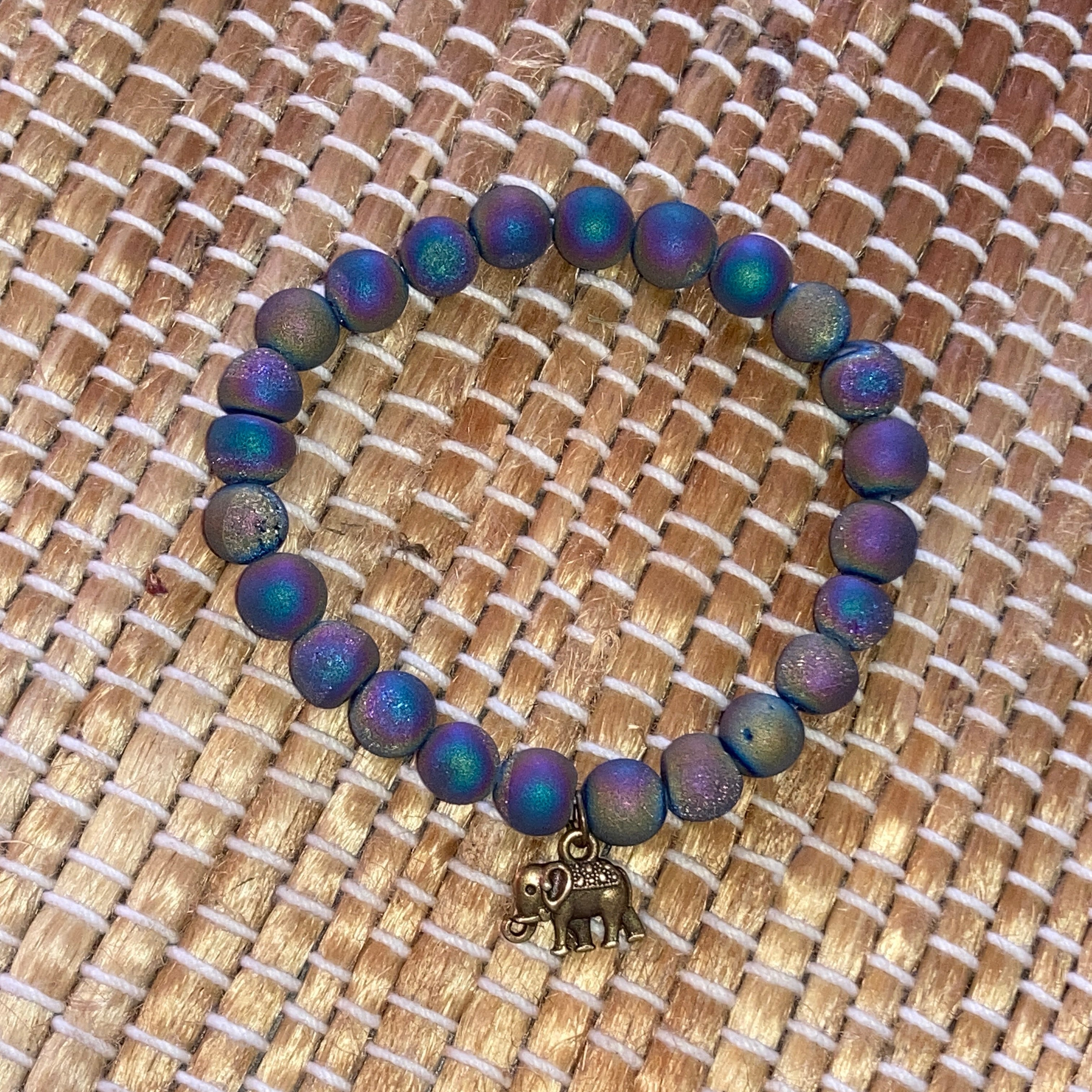 Rainbow Titanium | Aura Druzy Quartz | Natural Stone Bracelet | Bronze Elephant Charm | 8mm