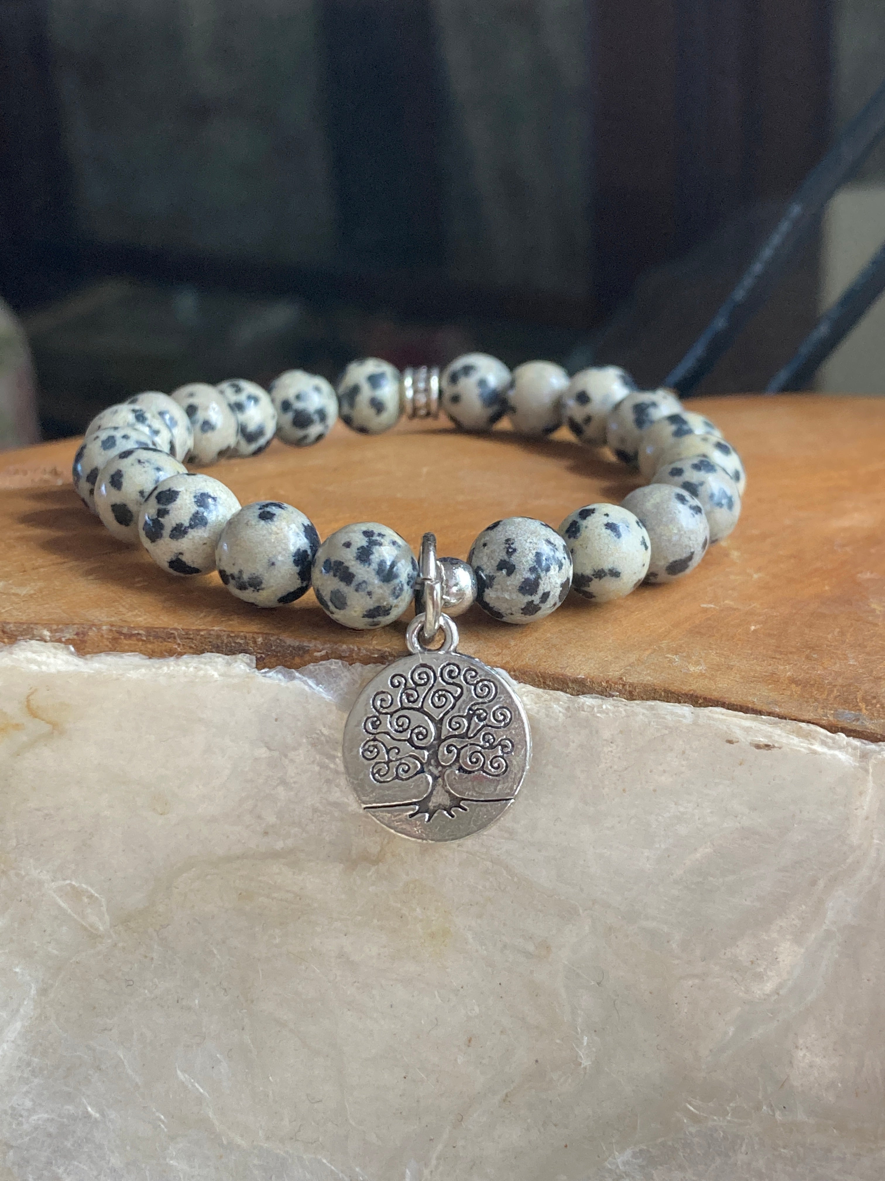 Dalmation Jasper | 8mm Stretch Bracelet | Joy | Laughter | Tree of Life Charm