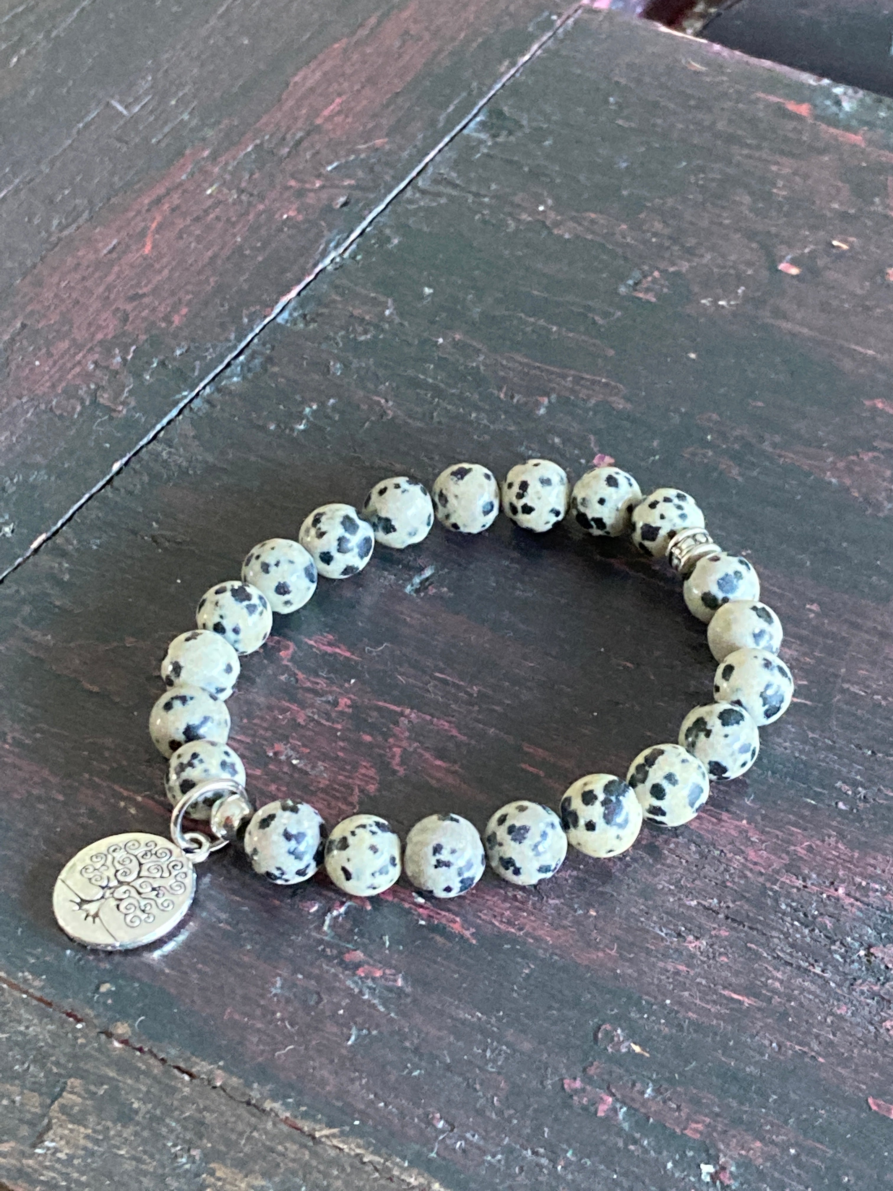 Dalmation Jasper | 8mm Stretch Bracelet | Joy | Laughter | Tree of Life Charm