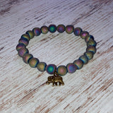 Rainbow Titanium | Aura Druzy Quartz | Natural Stone Bracelet | Bronze Elephant Charm | 8mm